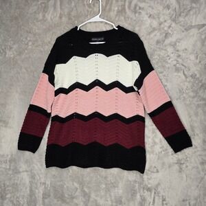 Inner Circle Women's Black Pink White Burgundy Chevron Knit‎ Sweater Size M